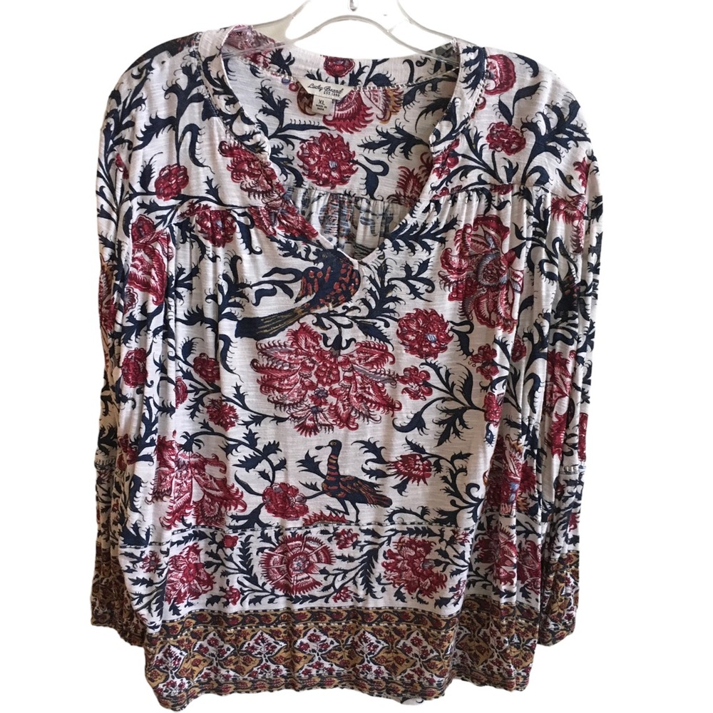 Lucky Brand Red Paisley Bird Floral Print Top Blouse Misses size XL